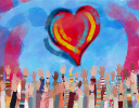 Group of diverse people with arms stretched out raised toward a painted heart